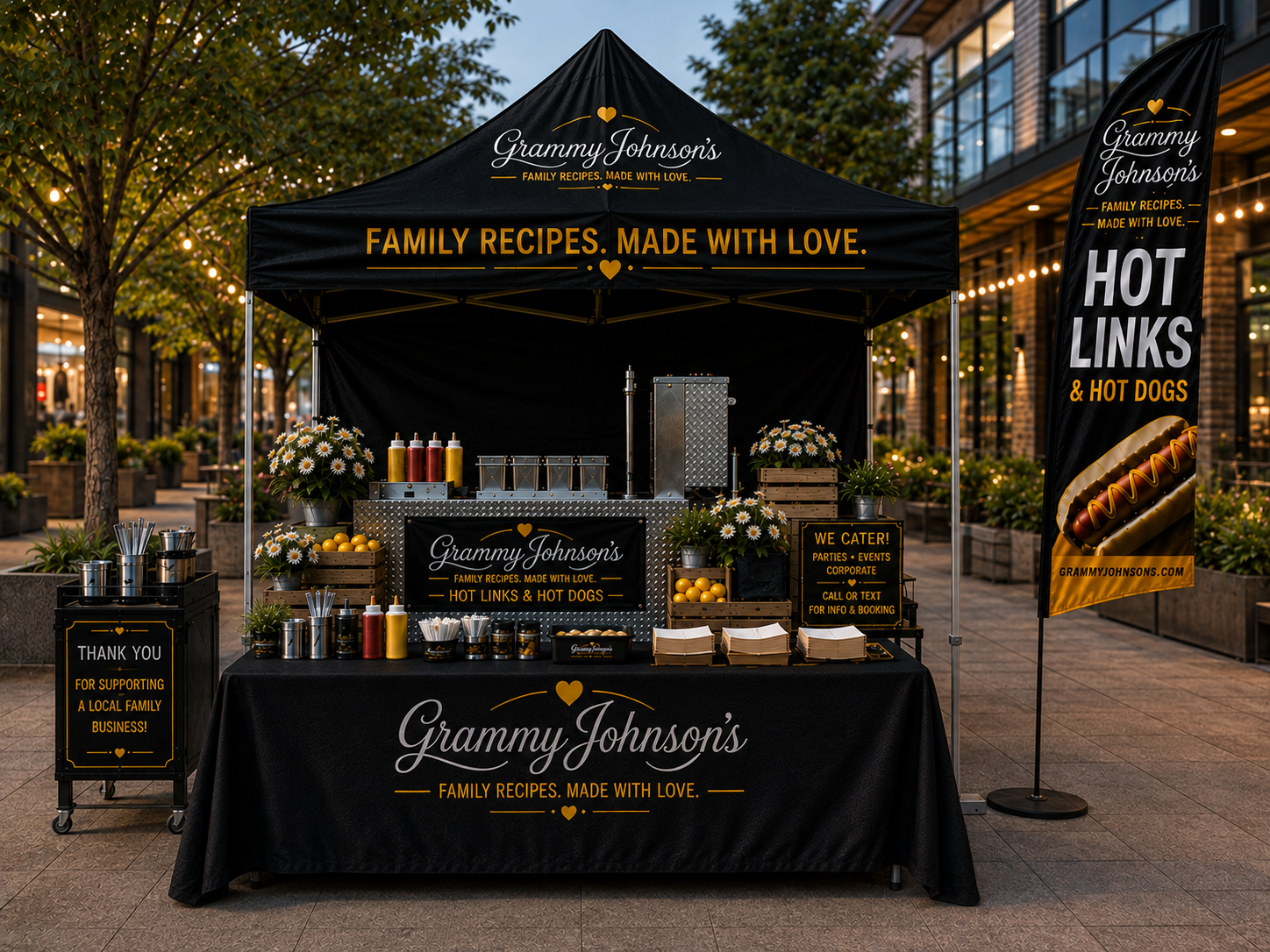 Grammy Johnson’s complete canopy, food cart, branded table, and feather flag setup