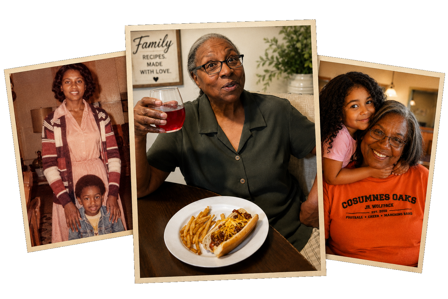 A single collage containing three different treasured family photographs of Grammy Johnson through the years
